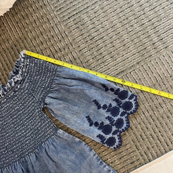 Michael Stars Denim Off Shoulder Rouched Top Embroidered Detail - Picture 6 of 6